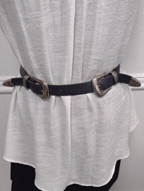Double Buckle Black Western Leather Waist Belt with Silver Accents
